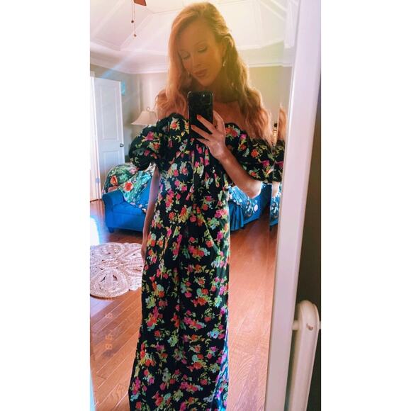 CAROLINE CONSTAS Reyna Black Floral Puff Sleeve Empire Waist Maxi Dress Size M - Picture 5 of 16